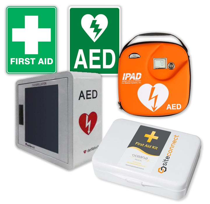 Wall Mount First Aid Kit & Indoor Alarmed Defibrillator Bundle