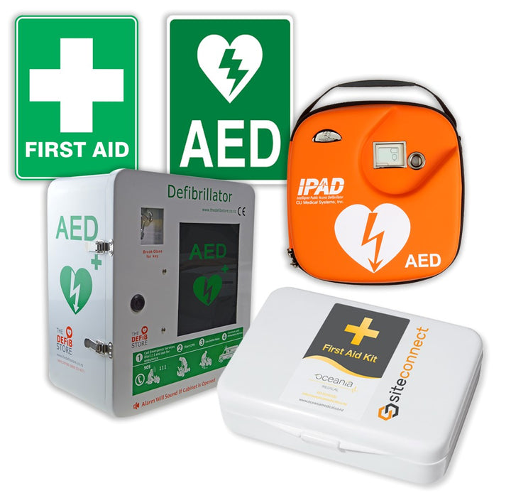Wall Mount First Aid Kit & Outdoor Secure Cabinet Defibrillator Bundle